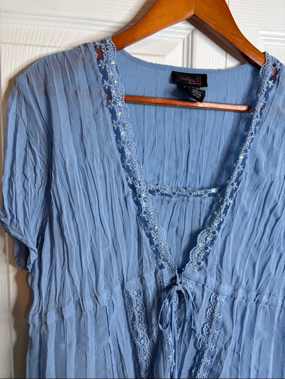 Notations Light Blue Lace-Trim Tie-Front Blouse - Picture 2 of 8